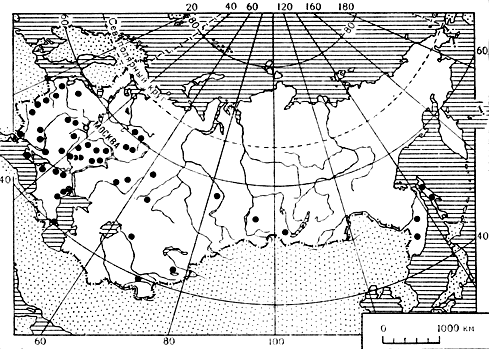 Карта 2. Распространение энтомофторовых грибов на территории СССР