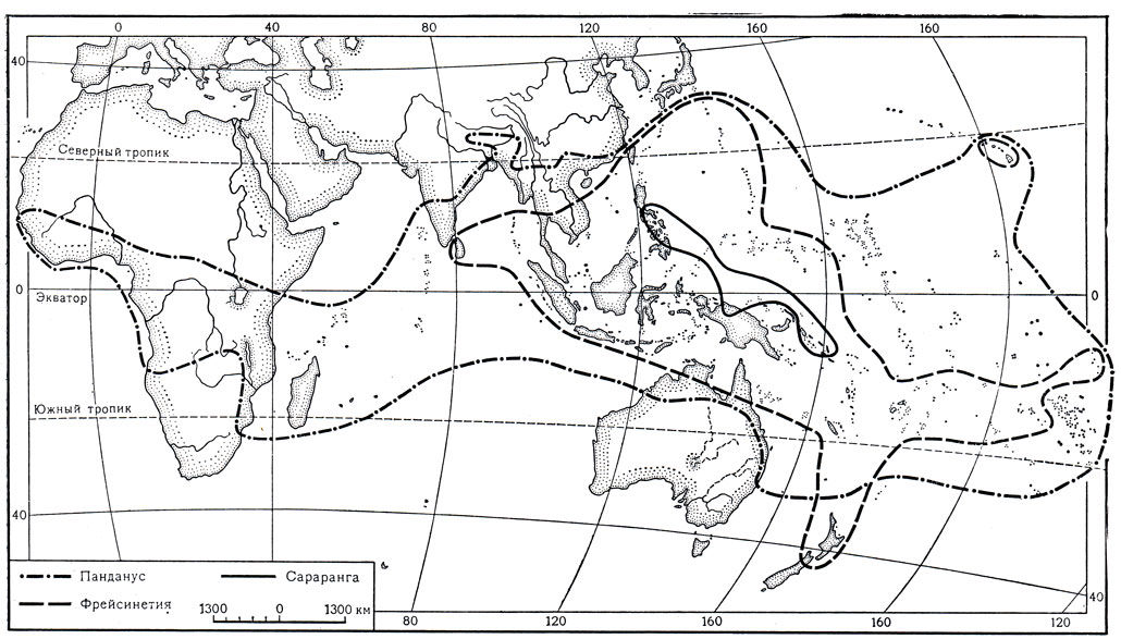 Карта 15. Ареалы родов панданус, фрейсинетия и сараранга