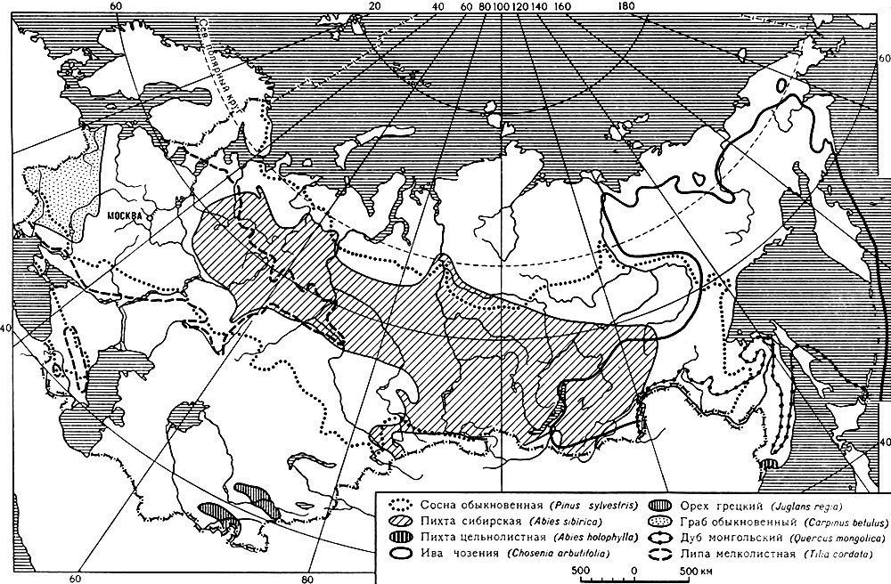 Карта 7. Распространение древесных пород в СССР