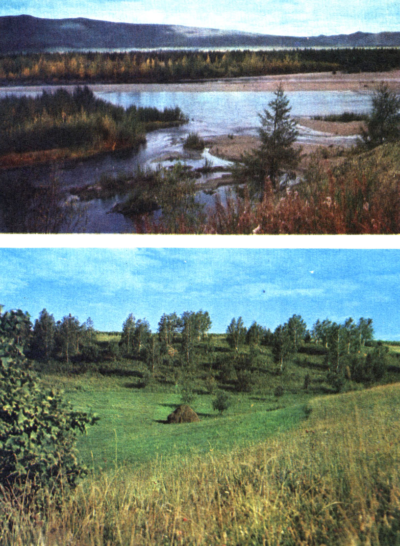 Таблица 27. Пойма и степь: вверху - пойма горной реки (истоки Колымы); внизу - разнотравная степь (видны березовые колки)