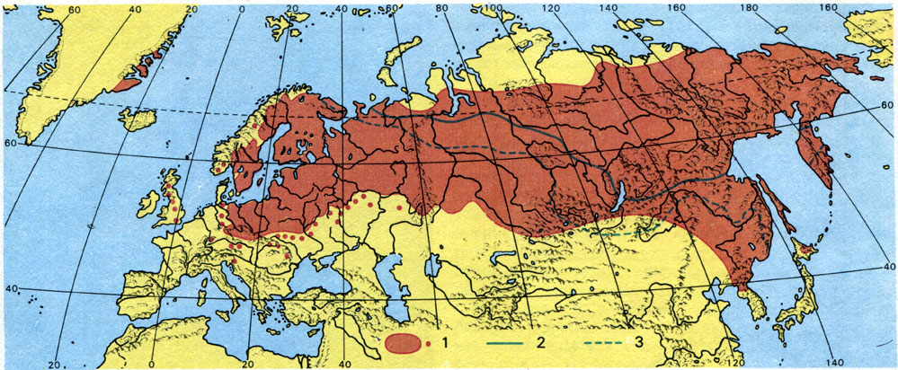 Распространение багульника болотного ( Ledum palustre) в Евразии (1) и южная граница сплошного распространения многолетне-мерзлых горных пород ('вечной мерзлоты') (2), а также южная граница промерзания почв (3)