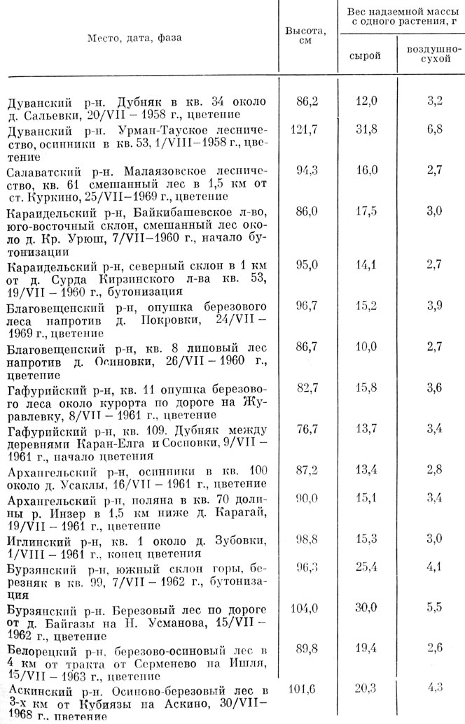 Таблица 40 Продуктивность надземной массы колокольчика крапиволистного, произрастающего в Башкирии